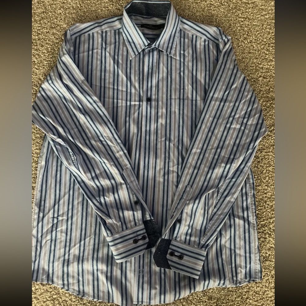 Bugatchi Uomo Men's Blue Striped Cotton Casual Shirt L Large